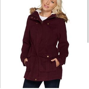 Denim & Co Anorak Jacket Sherpa Lined Hood Women in Deep Burgundy | size XS